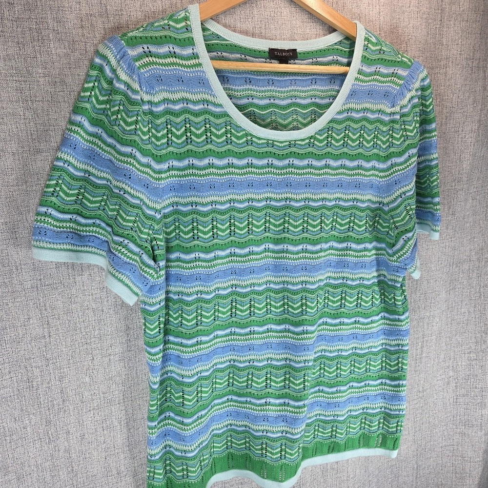 Talbots Casual Green Blue Stripe Crochet Short Sleeve Lightweight Sweater Medium - Picture 3 of 8